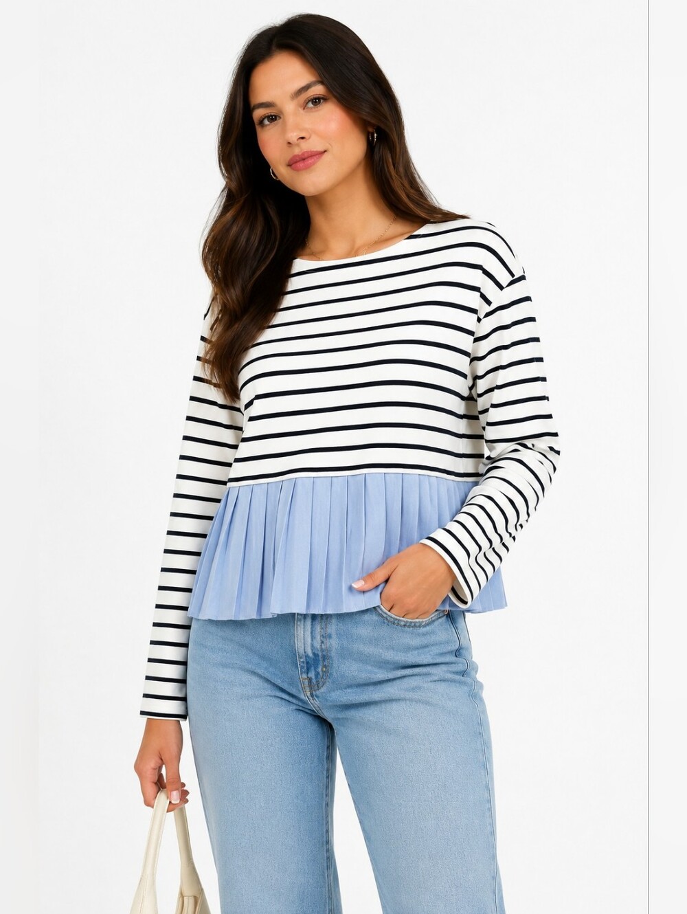 Anthropologie Deletta Striped Pleated Hem Top Blue White Long Sleeve M